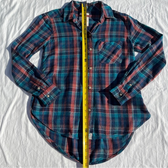 AEO Soft Plaid Flannel Boyfriend Fit Turquoise Rust Button Down Shirt - Size XS - Picture 8 of 14